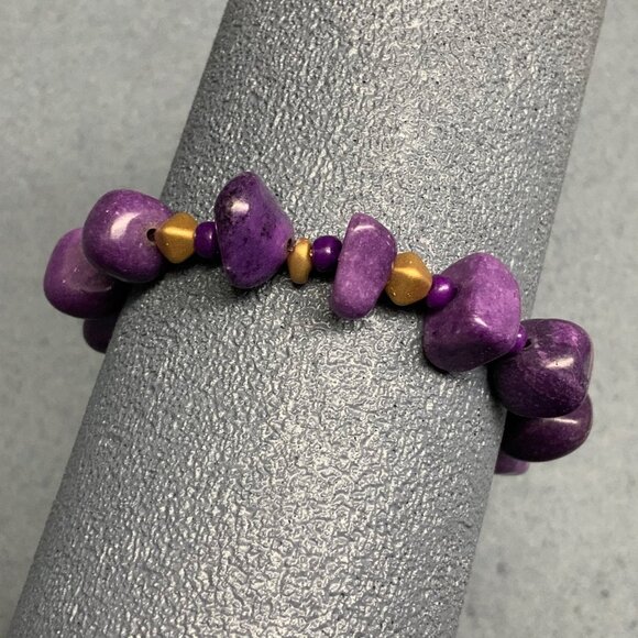 Organic Beaded Stretch Bracelet 7.5 In Purple Marbled Stone Gold Chunky Hippie R - Picture 2 of 5
